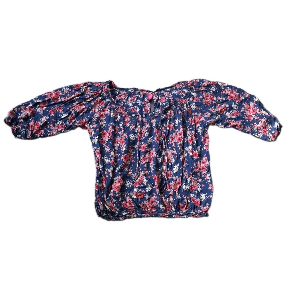 Pure Energy Blue Floral Peasant Blouse Large Smocked Boho Romatic Cottagecore